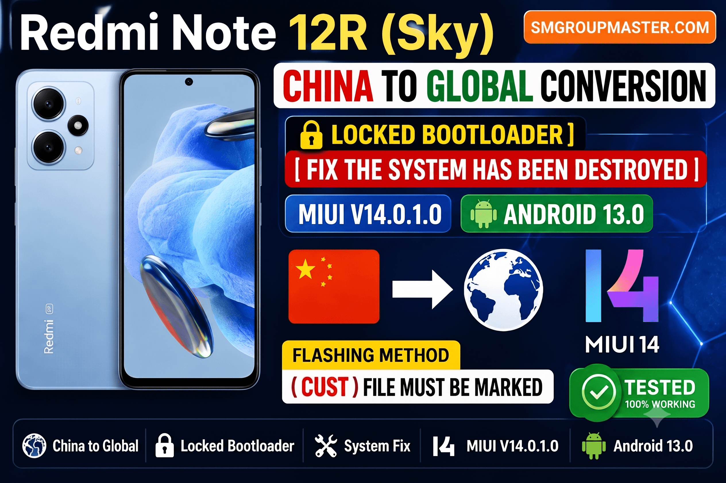 Redmi Note 12R (Sky) China to Global Conversion | Locked Bootloader | Fix The System Has Been Destroyed | MIUI V14.0.1.0 Android 13